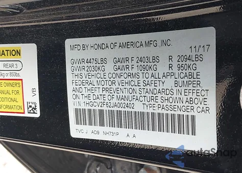 2018 Honda Accord Ex-L 2.0T from USA, damaged, VIN 1HGCV2F62JA002402